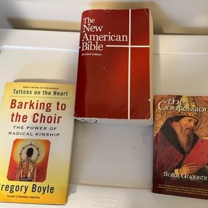 3 PAPERBACK BOOKS- NEW AMERICAN BIBLE, BARKING TO THE CHOIR & THE CONFESSIONS